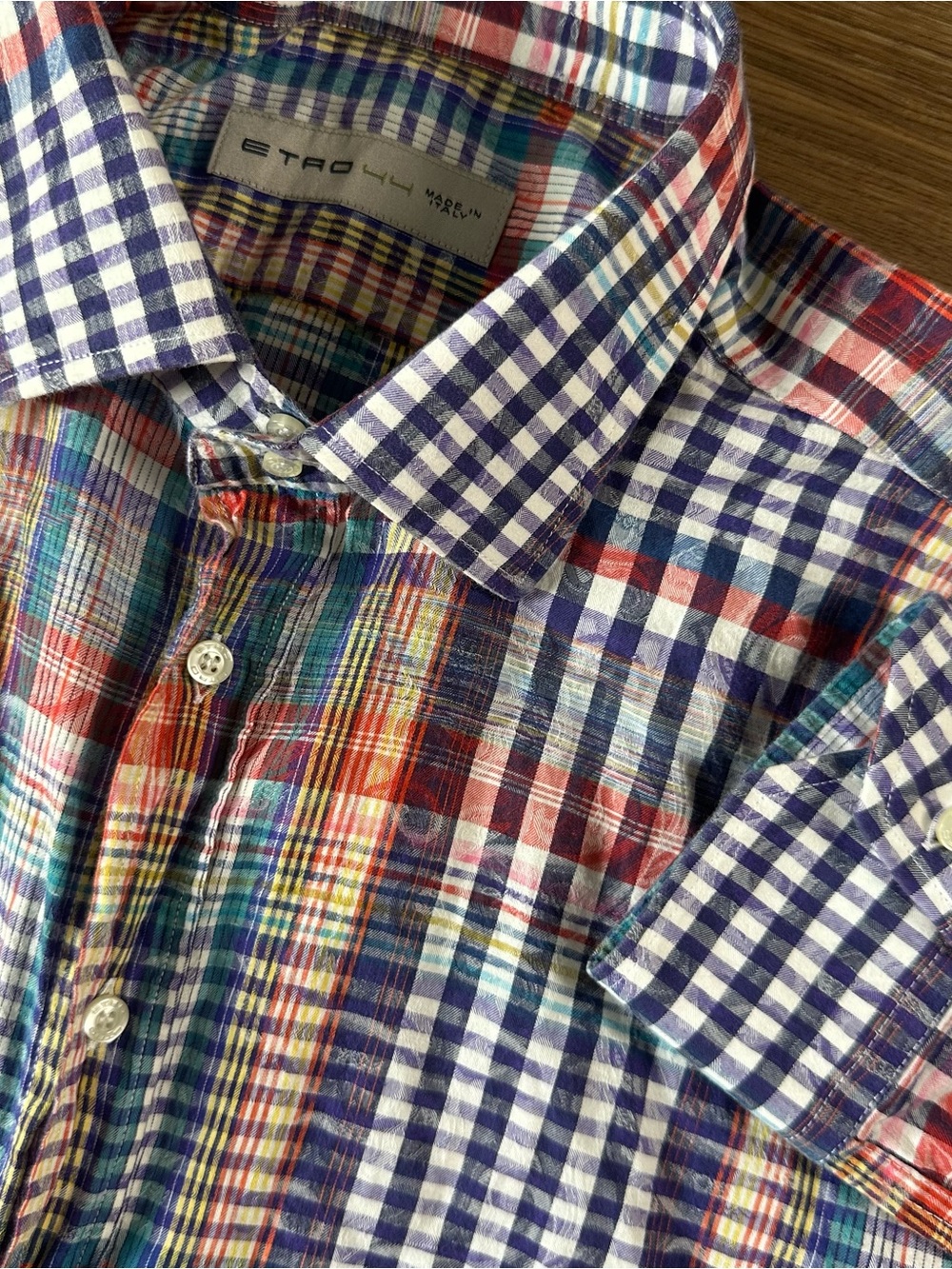 Etro Madras Plaid Long Sleeve Button Up Shirt Mens IT44 XL Preppy Colorful Italy